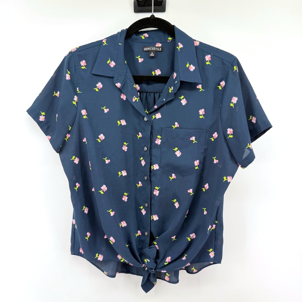 J.Crew Mercantile Button Down Tie Front Medium Navy Blue Floral Womens Shirt
